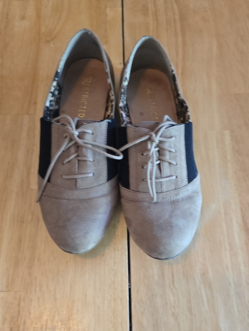 Restricted Taupe Suede Lace-Up Flats with Black Elastic Panels